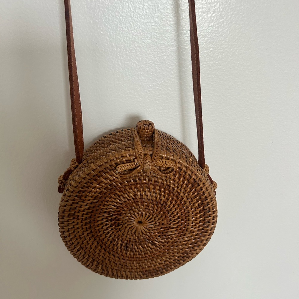 Amerii Woven Rattan Crossbody Bag with Floral Lining - Brown